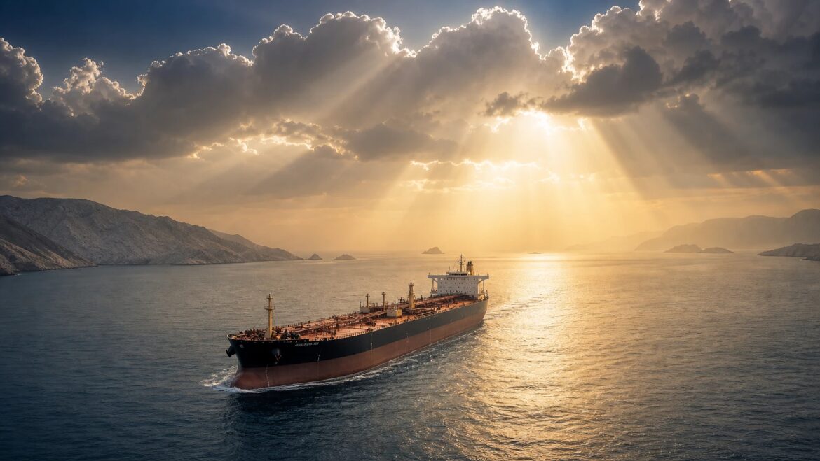 Large tanker ship sailing toward a golden sunrise on open water, with a narrow strait and hills in the distance.