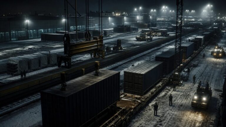 Shipping containers on a dock with drone engines hidden among crates labeled as refrigeration units, China to Russia route.