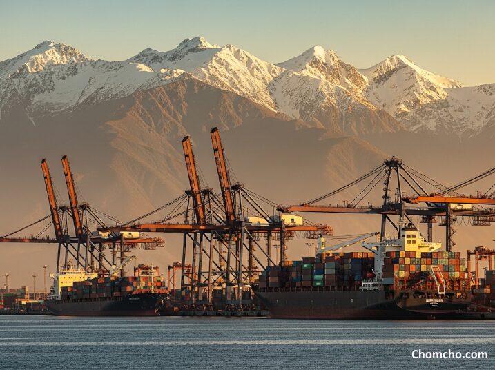 Container ships and red gantry cranes along a Pacific harbor with dry brown hills rising behind the port.