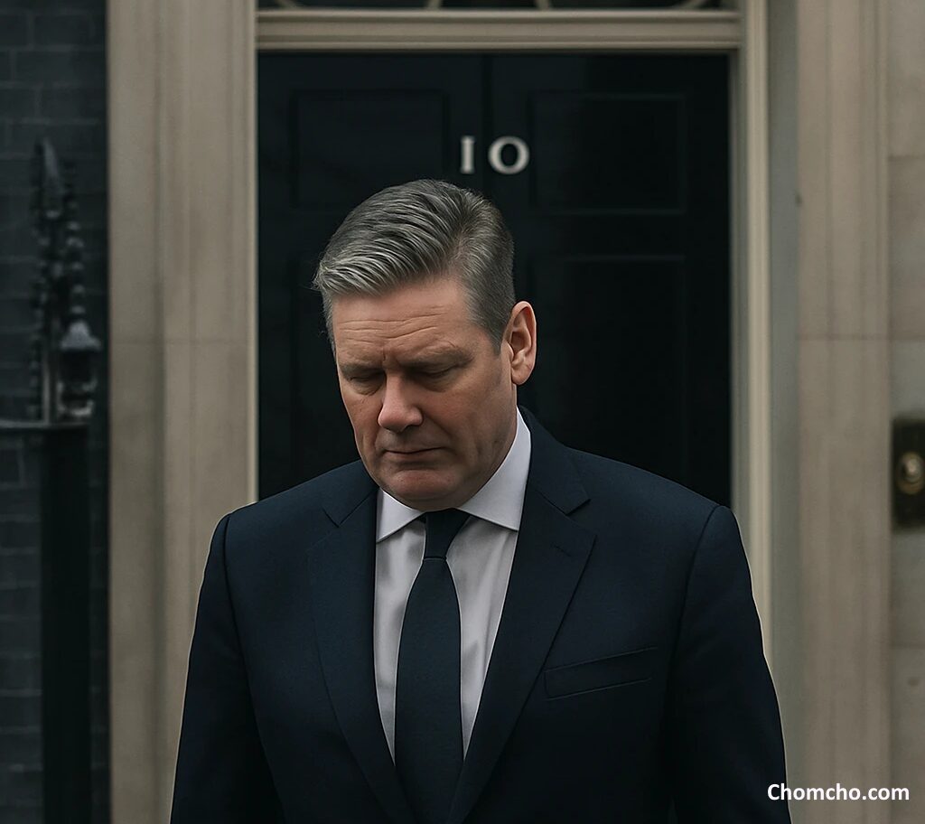 Man in a dark suit speaking at a wooden lectern in front of a black door with a brass number on a narrow street.