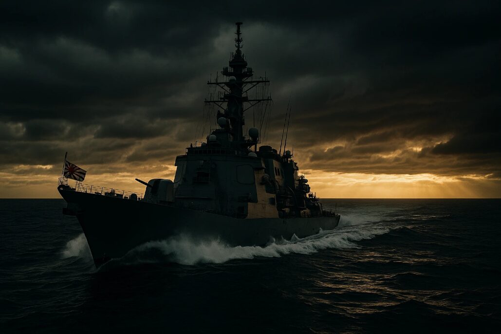 Gray warship with a tall radar mast cutting through dark blue ocean water under a clear sky.