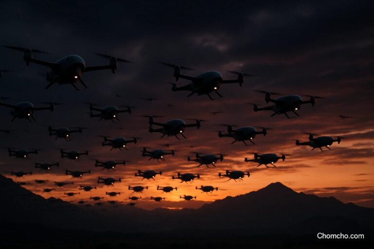 Several small quadcopter drones hovering in a line above a grassy field, with soldiers watching from below.