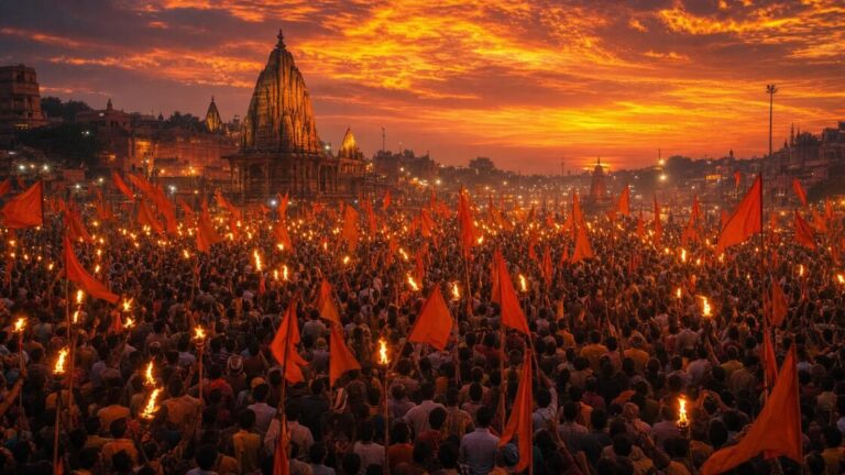 Large crowd waving saffron flags at a street rally in an Indian city, with banners and a stage in the background.