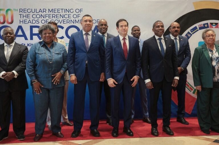 Group of leaders in suits standing in a row for a photo in a conference hall with Caribbean flags behind them.