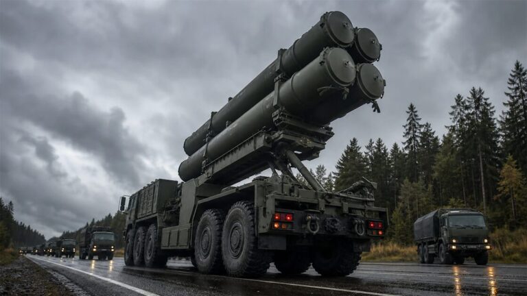 Olive-green truck-mounted launcher with four vertical missile canisters raised, parked on a concrete pad under an overcast sky.
