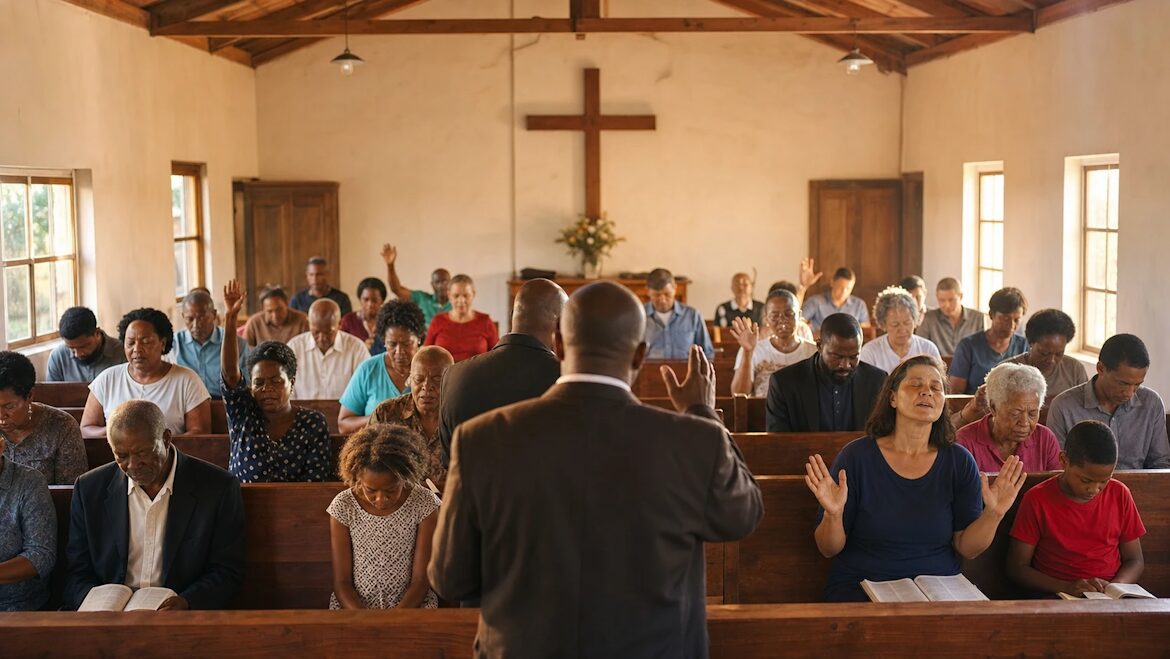 Small group of people sitting in wooden pews of a simple church, some with heads bowed, sunlight through the windows.