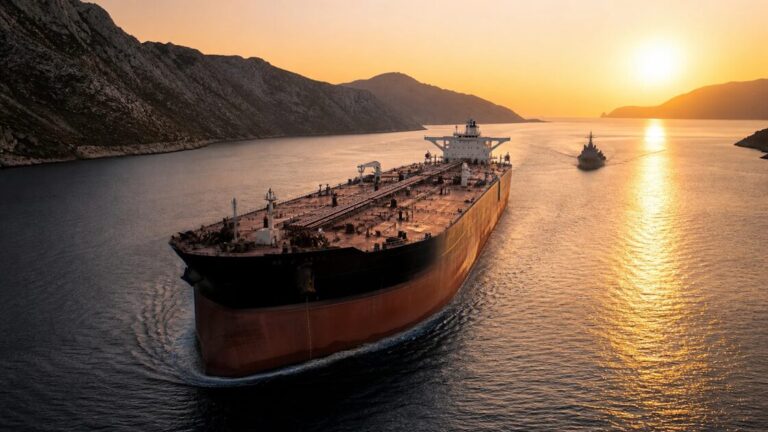 Large red-hulled oil tanker moving through calm blue water with a rocky coastline in the distance.