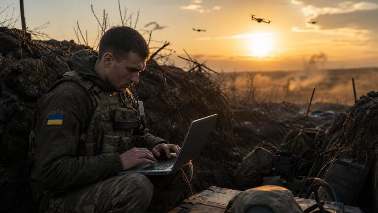 Person in camouflage crouching in a trench holding a controller, a small quadcopter hovering nearby.